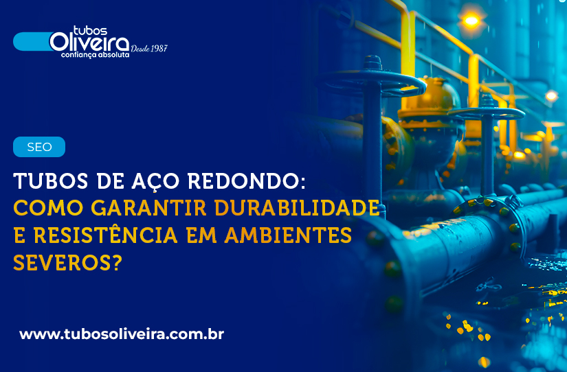 Tubos de aço redondo: Tubulação industrial iluminada em tons de azul, destacando tubos de aço redondo em um ambiente fabril, com detalhes de conexões e válvulas.