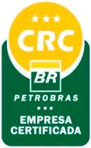 Selo de empresa certificada pela CRC Petrobras, com fundo verde e amarelo e a inscrição "Empresa Certificada" em destaque.