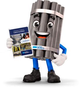 Mascote da Tubos Oliveira, Oliver, segurando o catálogo de tubos de aço.